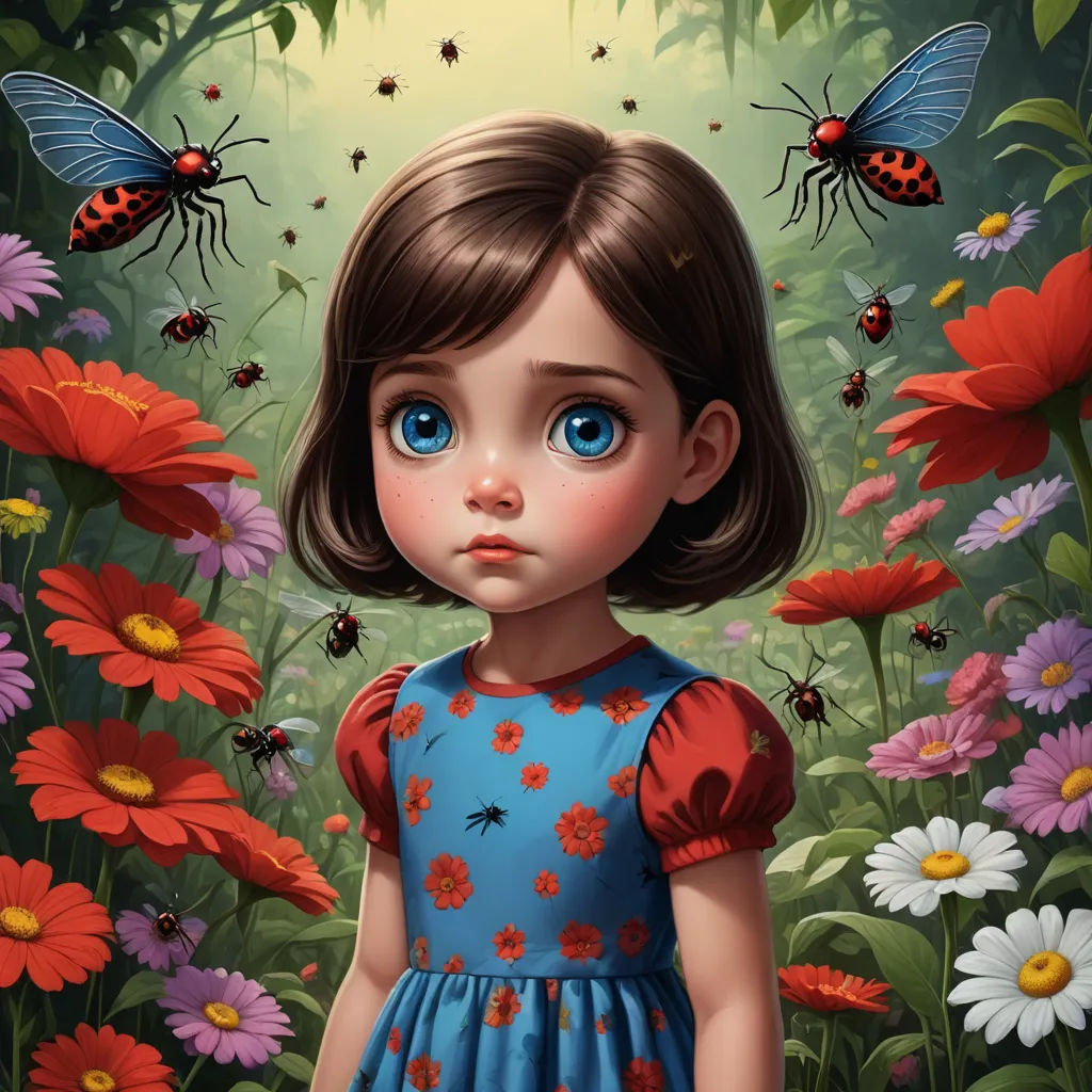 a painting of a little girl in a field of flowers with a butterfly on her head and a lady bug on her shoulder, pop surrealism, a storybook illustration, Aaron Jasinski, highly detailed digital painting