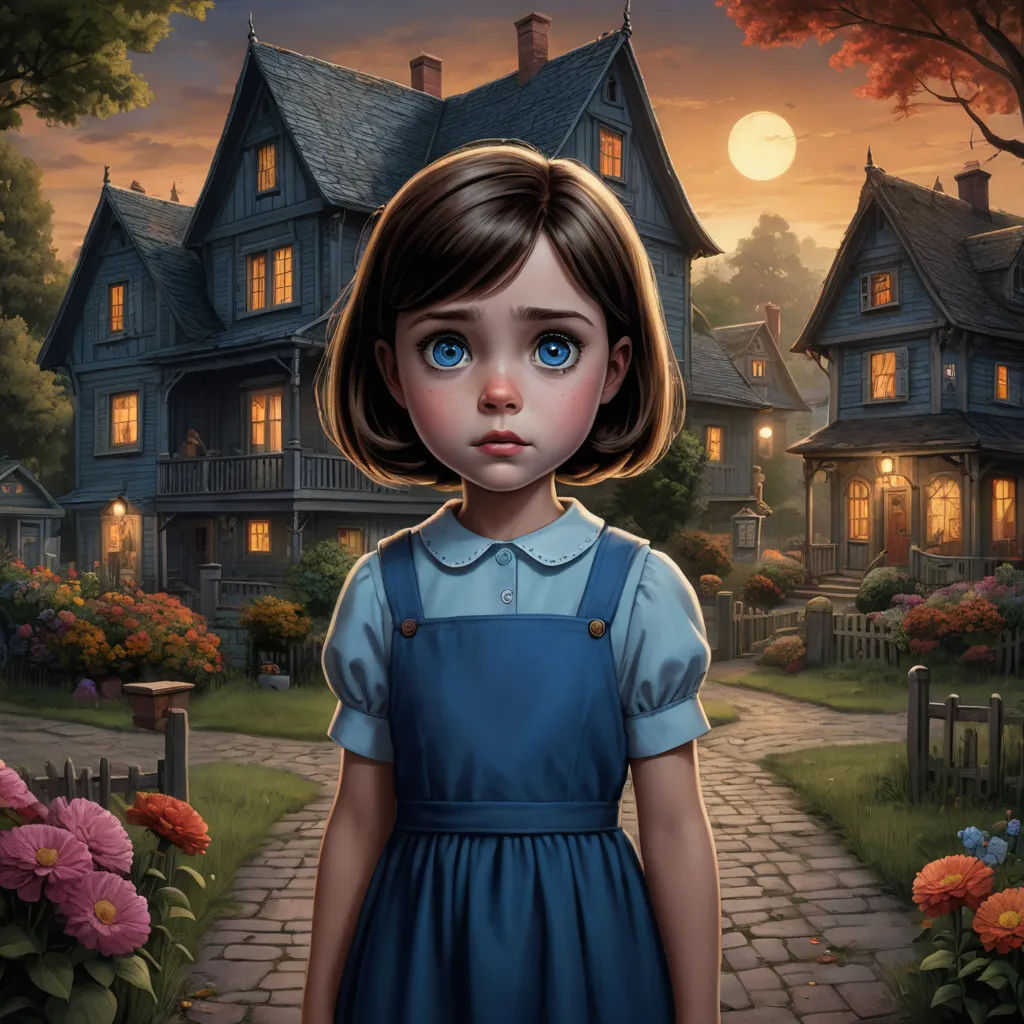 a painting of a girl in a blue dress standing in front of a house with a full moon in the background, gothic art, a storybook illustration, Brad Kunkle, kinkade