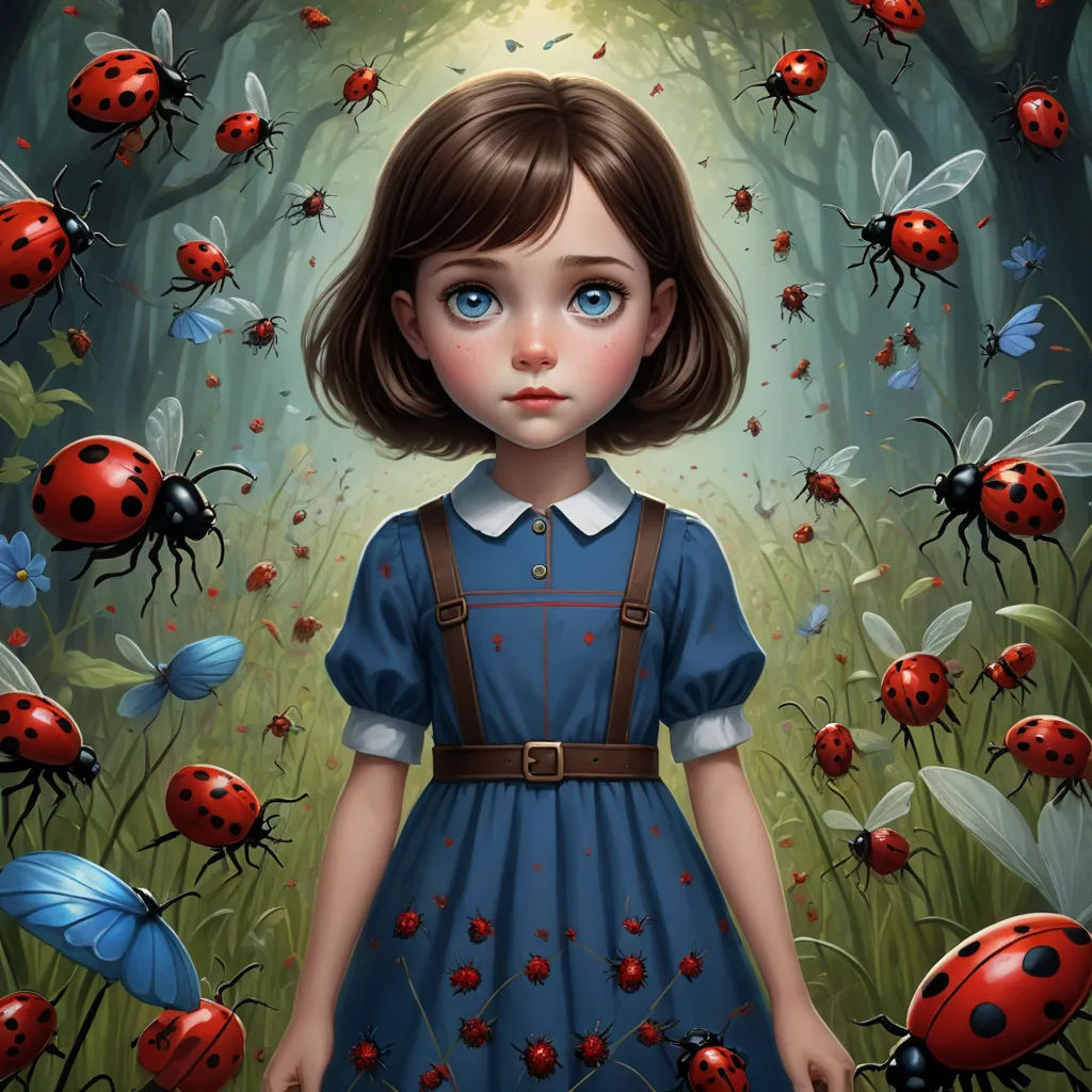 a painting of a girl in a blue dress surrounded by lady bugs and ladybugs in a forest, pop surrealism, an ultrafine detailed painting, Aaron Jasinski, highly detailed digital painting