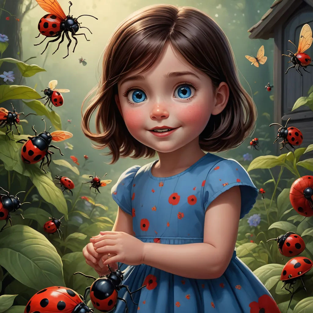 a painting of a little girl surrounded by lady bugs and a house with a door in the background and a bunch of ladybugs, pop surrealism, a storybook illustration, Aaron Jasinski, kinkade