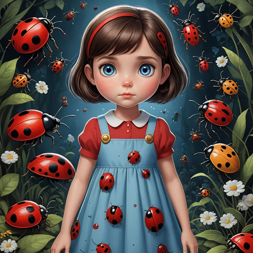a little girl standing in front of a bunch of ladybugs on a blue background with white daisies, pop surrealism, a detailed painting, Alejandro Burdisio, highly detailed digital painting