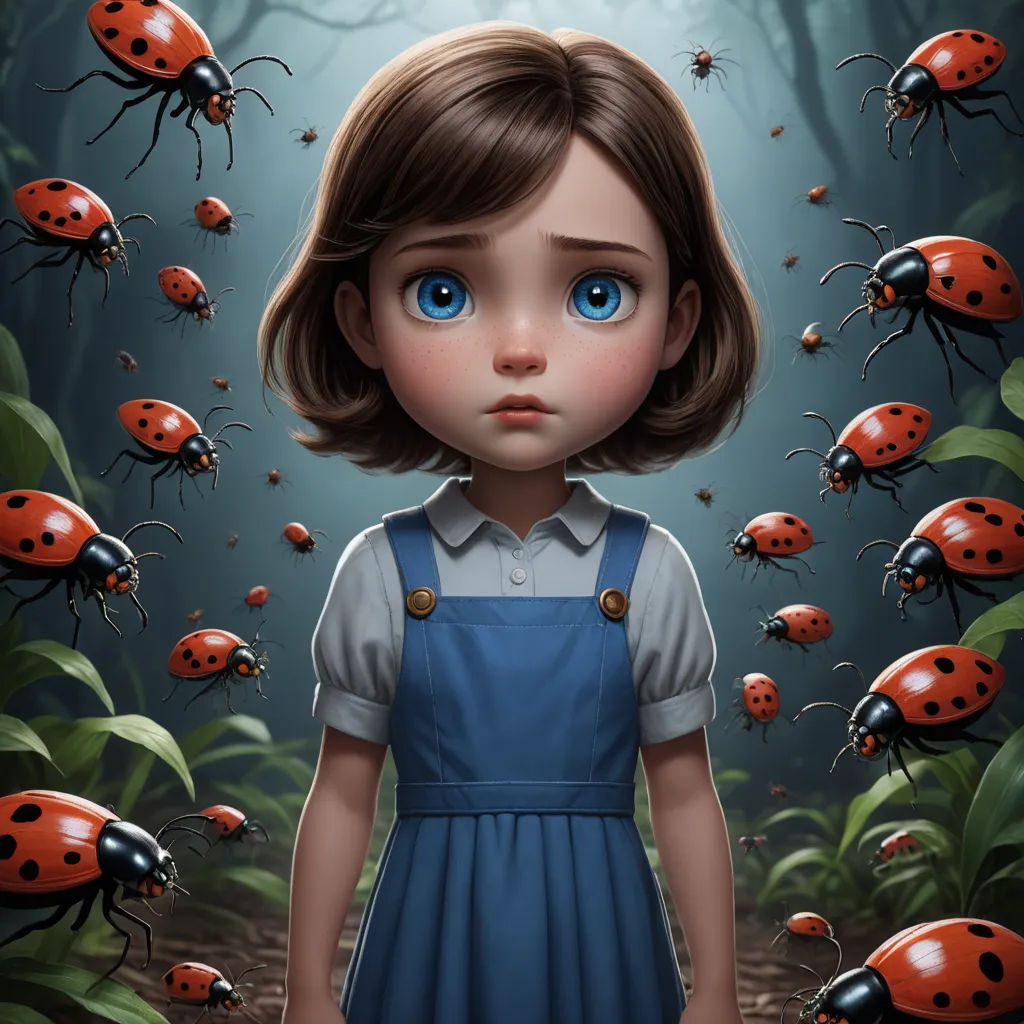 a painting of a girl surrounded by ladybugs in a forest with a blue sky background and a forest of green leaves, pop surrealism, a storybook illustration, Brad Kunkle, highly detailed digital painting