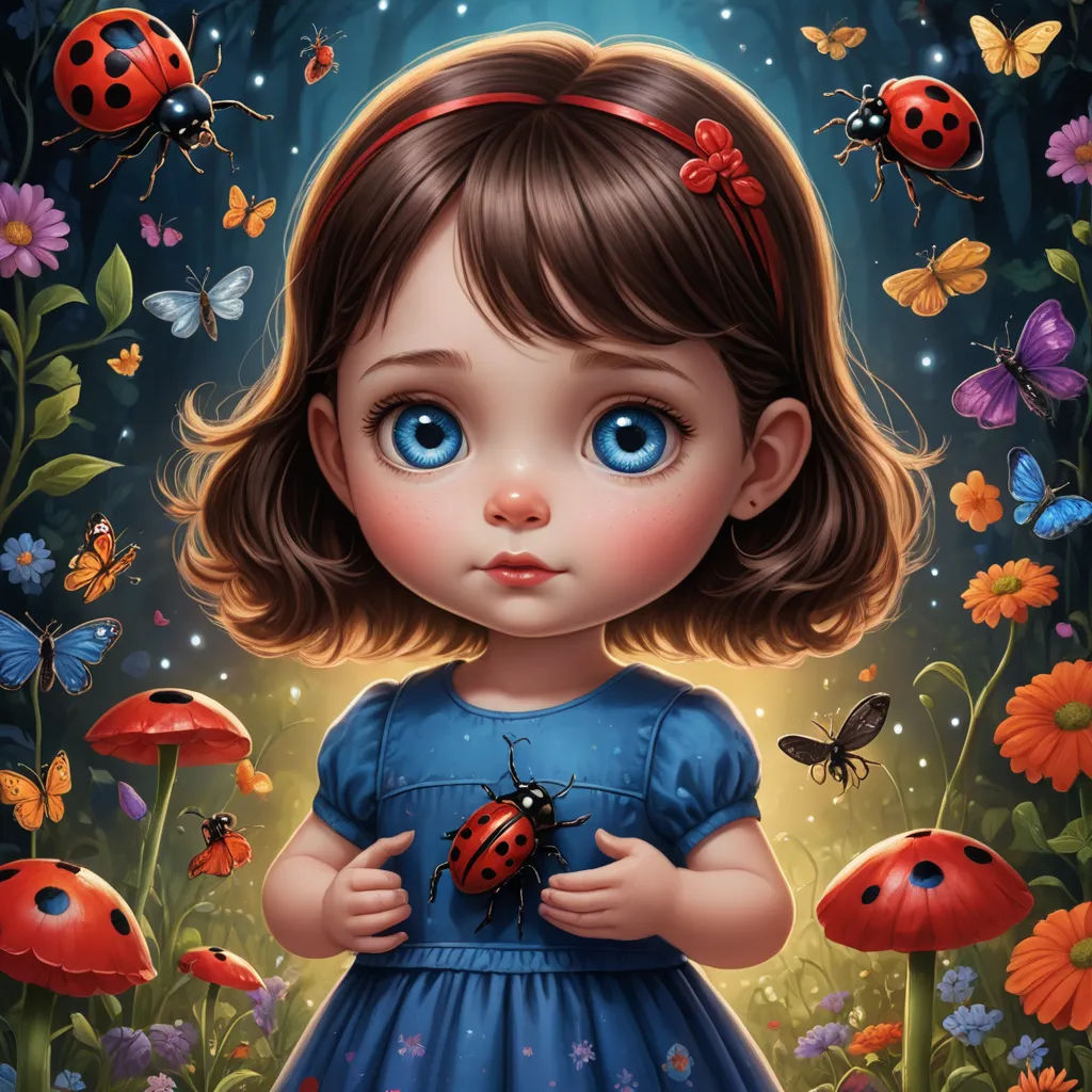 a little girl with blue eyes and a red bow standing in a field of flowers and butterflies with a lady bug on her chest, pop surrealism, a storybook illustration, Anna Dittmann, highly detailed digital painting