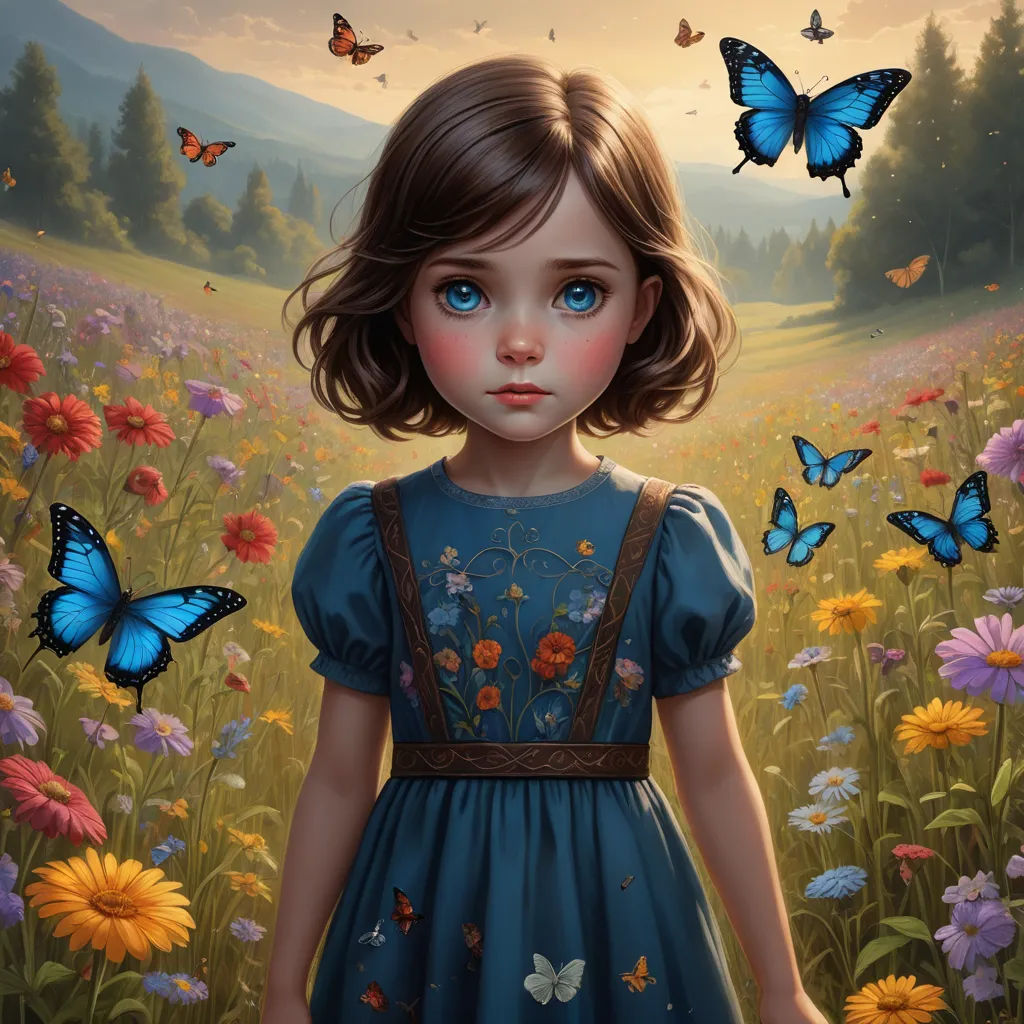 a painting of a girl in a field of flowers with butterflies flying around her and a forest in the background, fantasy art, a storybook illustration, Brad Kunkle, highly detailed digital painting