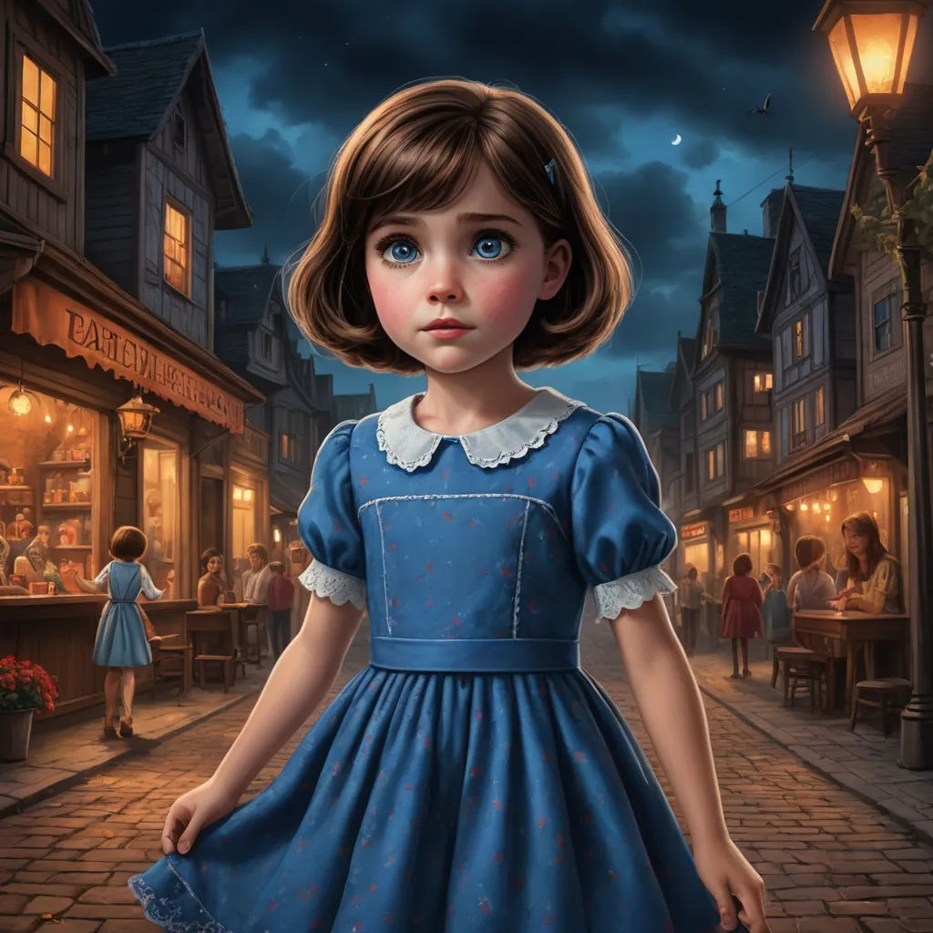 a painting of a little girl in a blue dress standing in front of a store front at night with a full moon in the sky, fantasy art, a storybook illustration, Clarice Beckett, kinkade