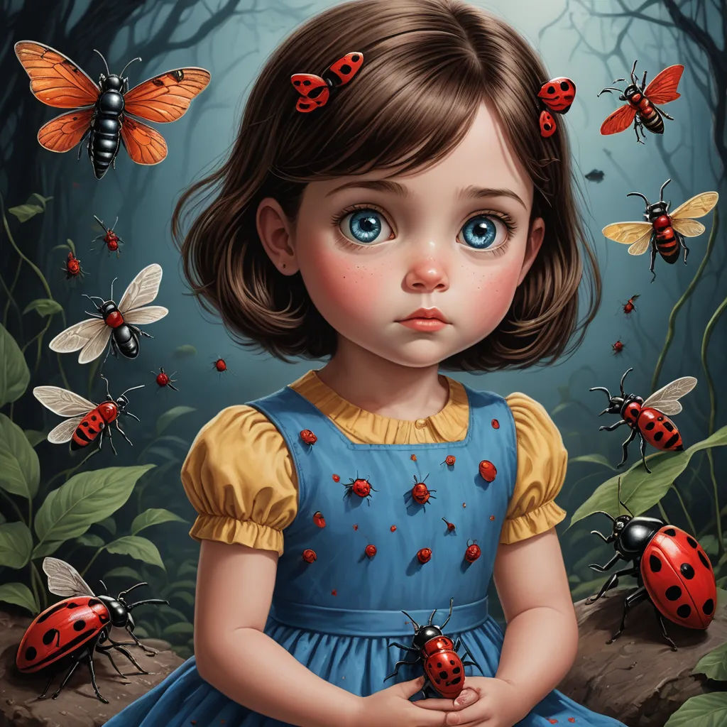 a painting of a little girl surrounded by ladybugs and butterflies in a forest with a blue sky, pop surrealism, an ultrafine detailed painting, Anna Dittmann, highly detailed digital painting