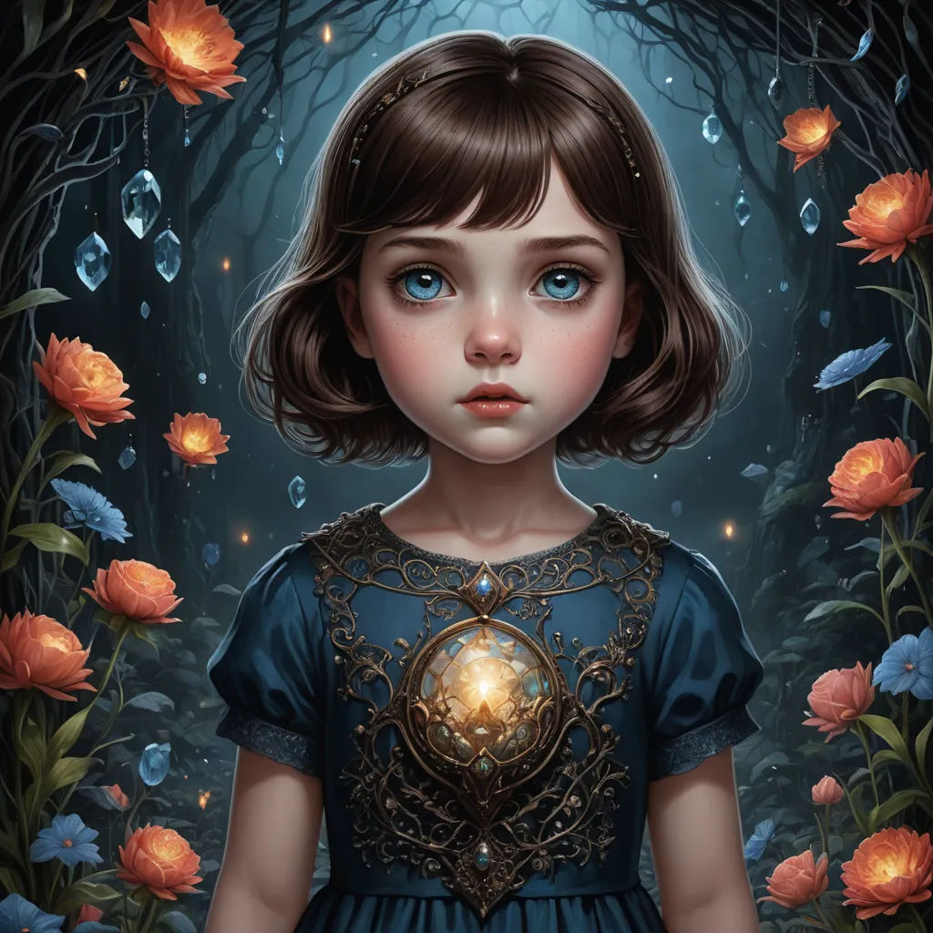 a painting of a girl in a blue dress with a light in her hand and flowers around her neck, gothic art, a detailed painting, Anna Dittmann, highly detailed digital painting