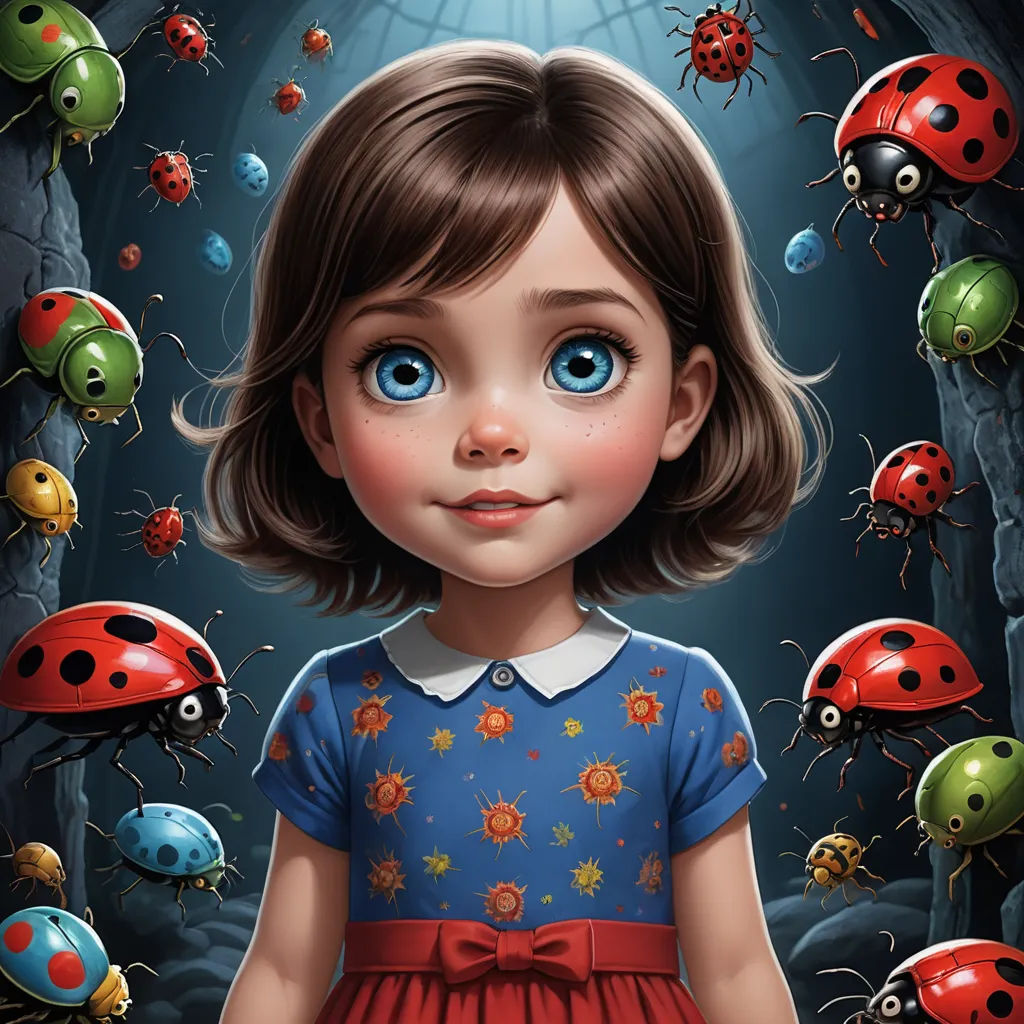 a painting of a little girl surrounded by ladybugs and ladybirds in a dark room with a light, pop surrealism, a storybook illustration, Aaron Jasinski, highly detailed digital painting