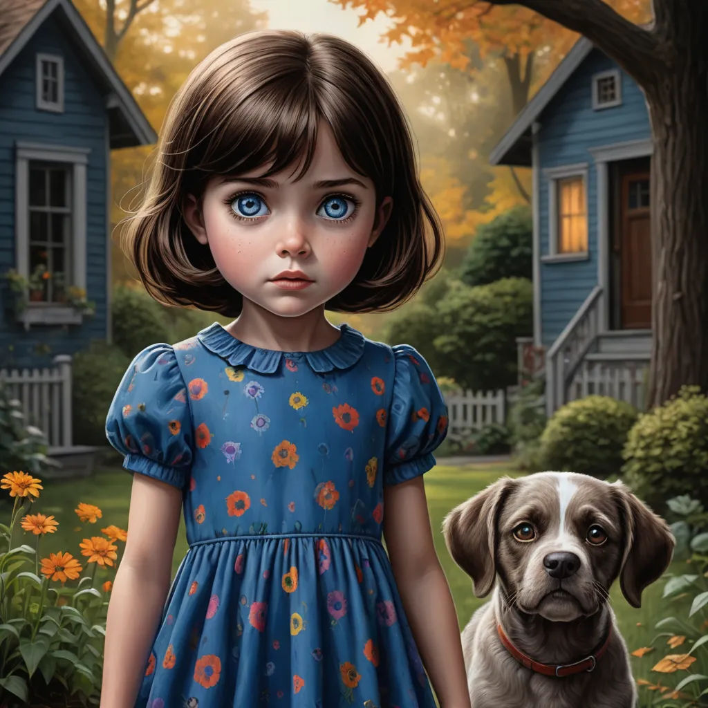 a painting of a girl and a dog in a garden with flowers and trees in the background, with a house in the background, pop surrealism, a storybook illustration, Aaron Jasinski, highly detailed digital painting