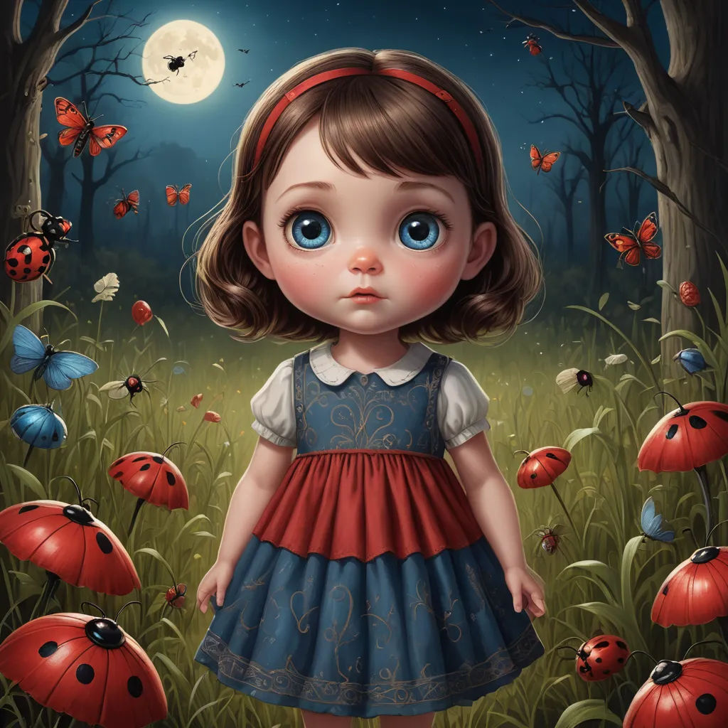 a painting of a little girl in a field of flowers with a full moon in the background and a lady bug in the foreground, pop surrealism, a storybook illustration, Alice Prin, highly detailed digital painting