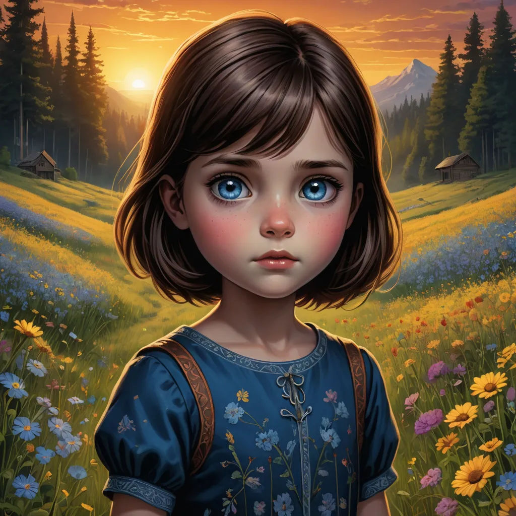 a painting of a little girl in a field of flowers with a sunset in the background and a cabin in the distance, fantasy art, a detailed painting, Aaron Jasinski, kinkade
