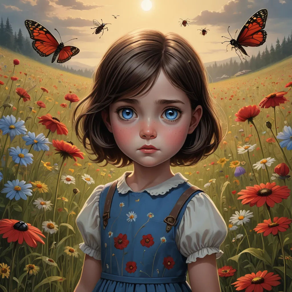 a painting of a girl in a field of flowers with butterflies flying overhead and a sun setting behind her, fantasy art, a detailed painting, Aaron Jasinski, trending on art station