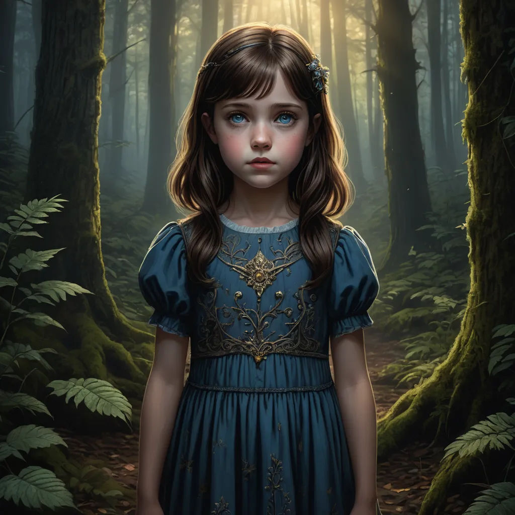 a painting of a girl in a forest with a sunbeam in the background and a forest floor with ferns, fantasy art, a storybook illustration, Brad Kunkle, highly detailed digital painting