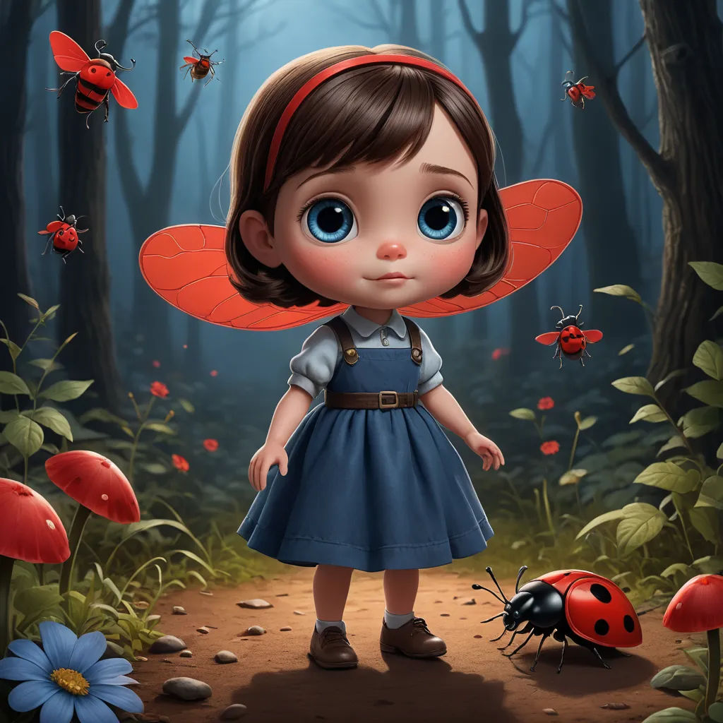 a little girl in a blue dress standing in a forest with a lady bug on the ground and a lady bug on the ground, pop surrealism, a storybook illustration, David Martin, trending on art station