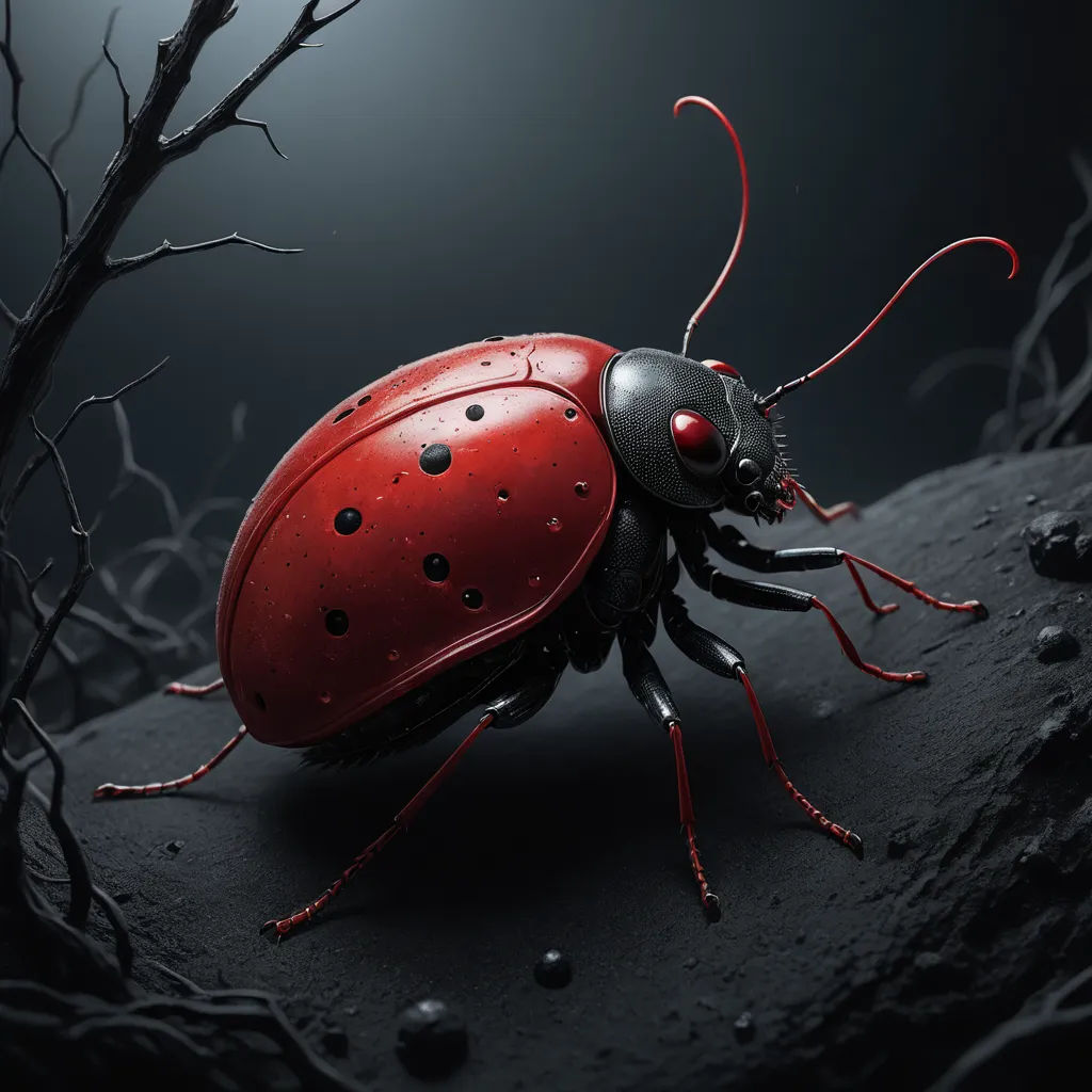 a lady bug with red and black spots on its body and legs, standing on a rock with a tree branch in the background, photorealism, a 3D render, Dirk Crabeth, highly detailed digital painting