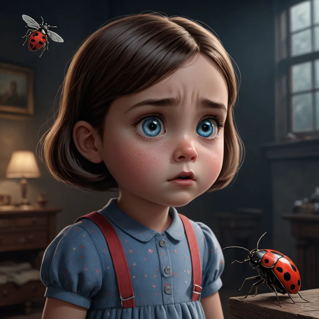 a little girl with a lady bug on her shoulder and a lady bug on her shoulder, in a dark room, photorealism, an oil painting, Alejandro Burdisio, cgstudio