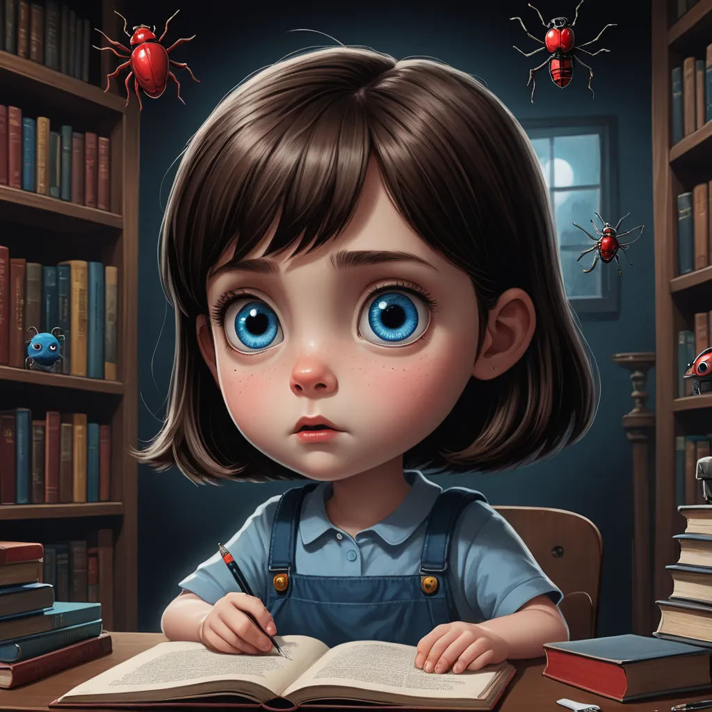 a little girl sitting at a desk with a book in front of her and a spider crawling on her head, pop surrealism, a storybook illustration, Cyril Rolando, big eyes