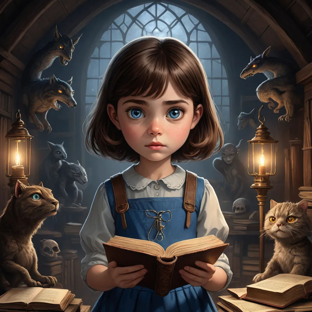 a girl reading a book in front of a cat and a window with a light on it and a cat looking at the viewer, fantasy art, a storybook illustration, Art of Brom, storybook illustration