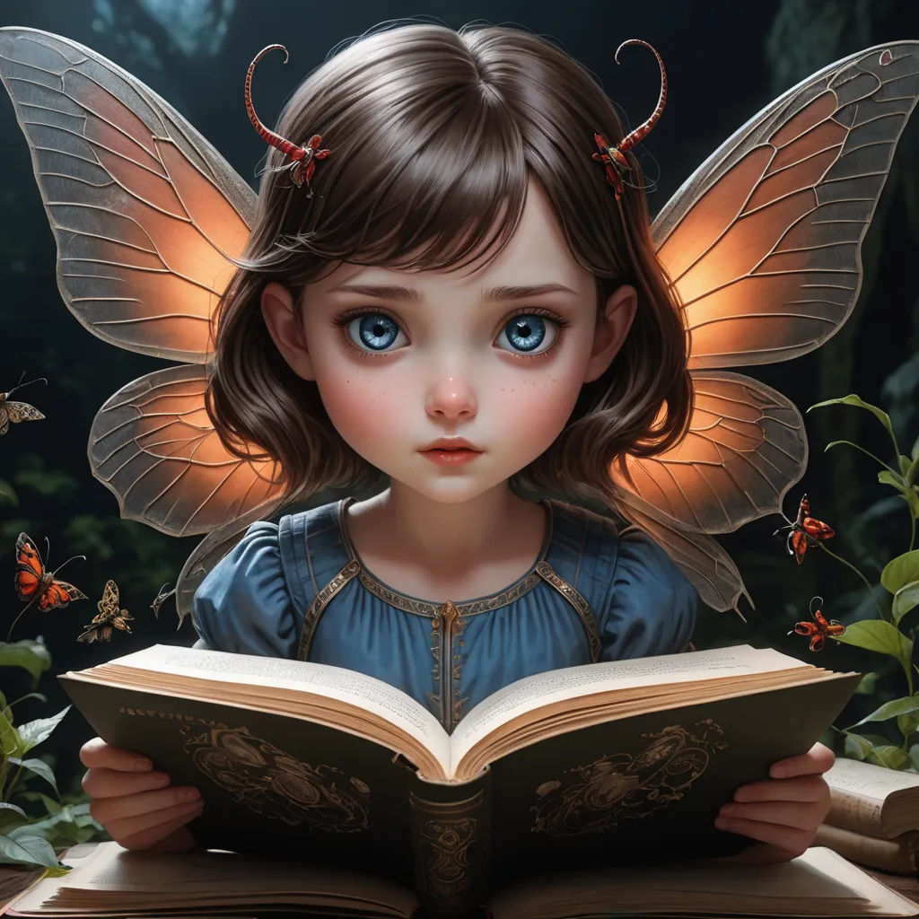 a little girl reading a book with a butterfly on her head and wings on her head, with a butterfly on her shoulder, fantasy art, a storybook illustration, Anne Stokes, storybook illustration
