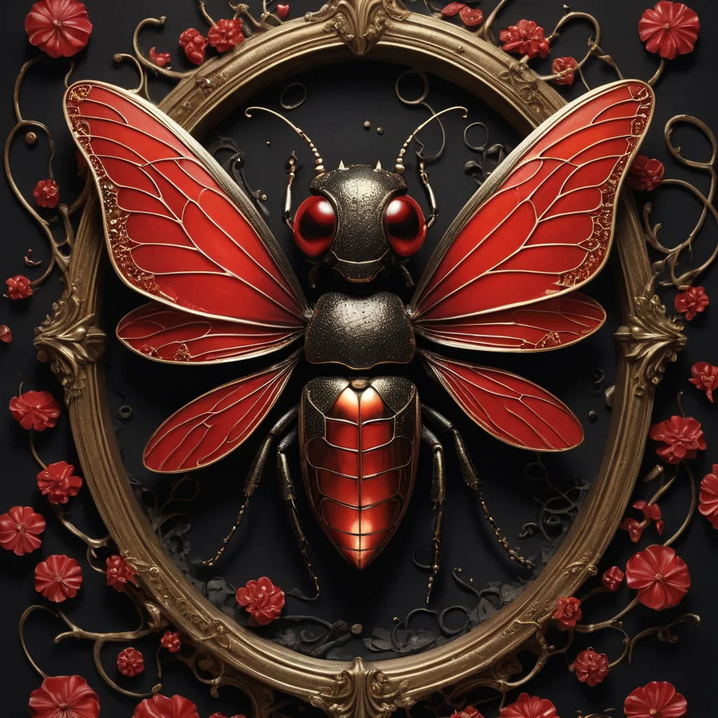 a red insect sitting on top of a metal frame on a wall with red flowers around it and a gold frame, gothic art, a poster, Dirk Crabeth, highly detailed digital painting