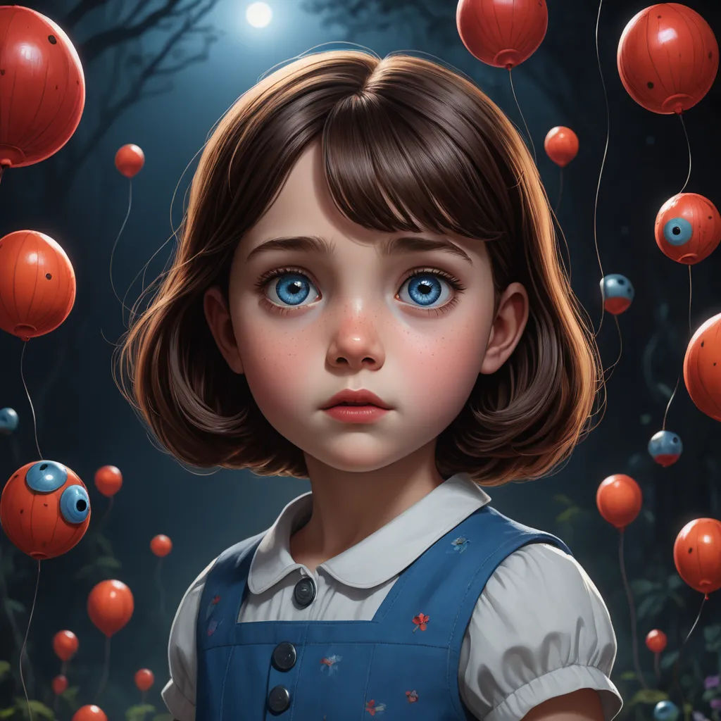 a painting of a girl with blue eyes and a red balloon in the background with a full moon in the sky, pop surrealism, an ultrafine detailed painting, Aaron Jasinski, highly detailed digital painting