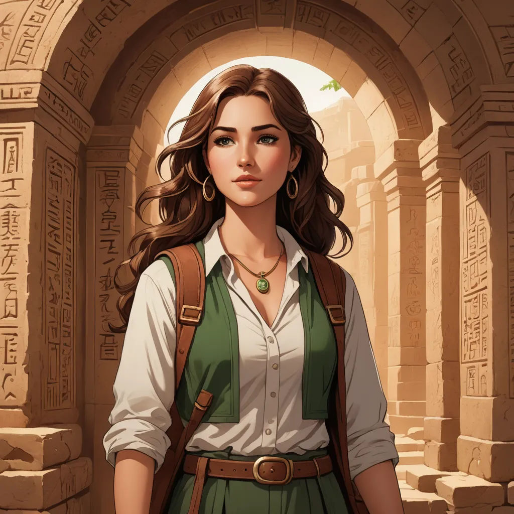 a woman with a backpack and a green dress is standing in a doorway with a green necklace and earrings, fantasy art, a character portrait, Charlie Bowater, epic fantasy character art