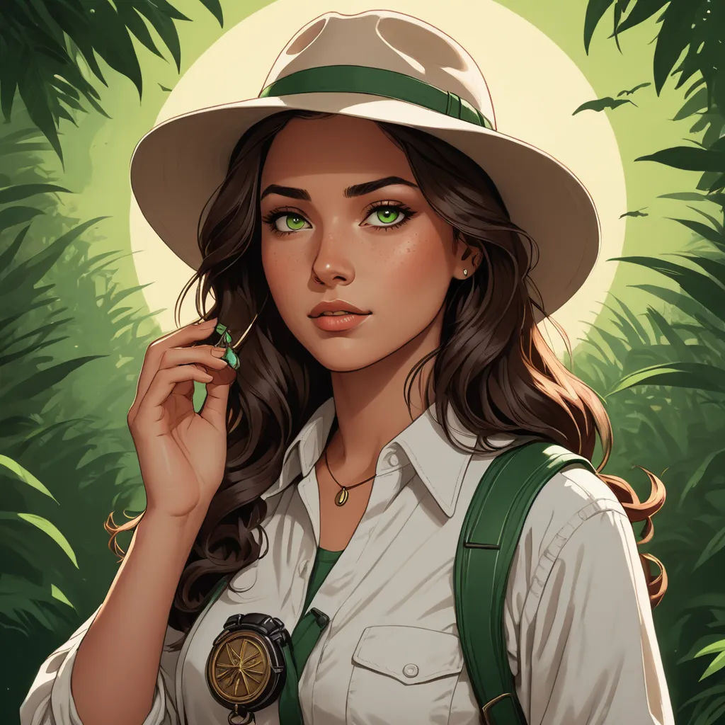 a woman in a hat and green suspenders holding a green leaf in her hand and a green button, fantasy art, a character portrait, Charlie Bowater, high detail illustration