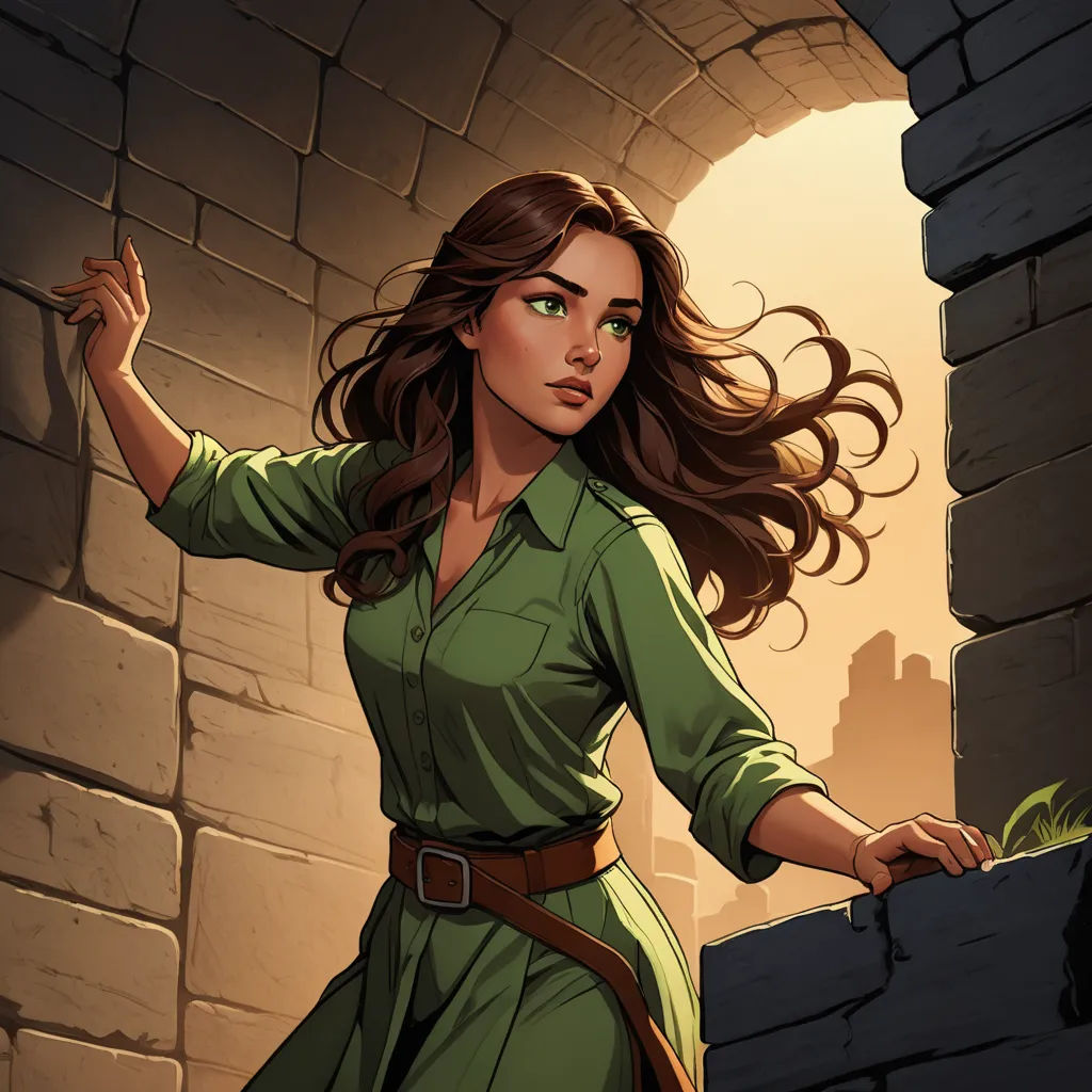 a woman in a green dress standing in a tunnel with a stone wall and a brick wall behind her, fantasy art, a character portrait, Clarice Beckett, rossdraws global illumination