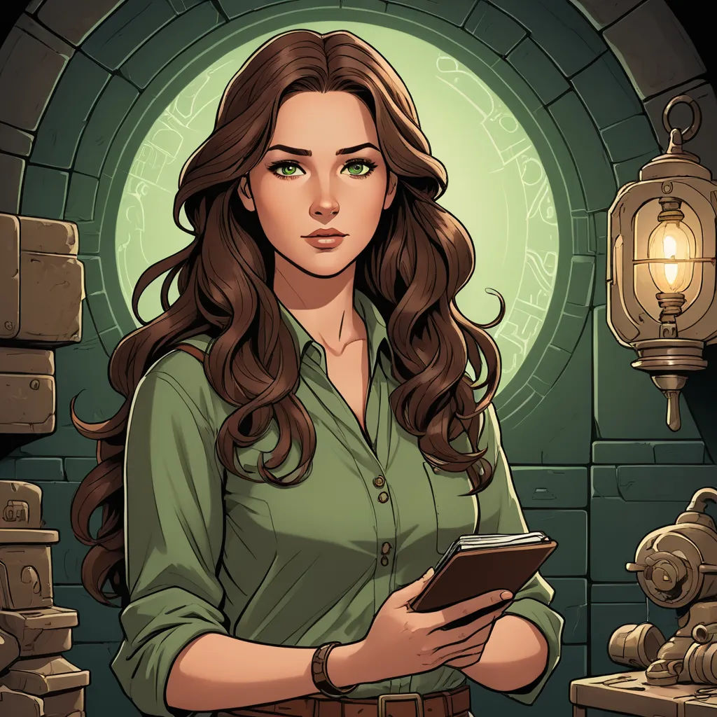 a woman holding a tablet in front of a stone wall with a lantern on it and a lantern in the background, fantasy art, a character portrait, Cedric Seaut (Keos Masons), character portrait