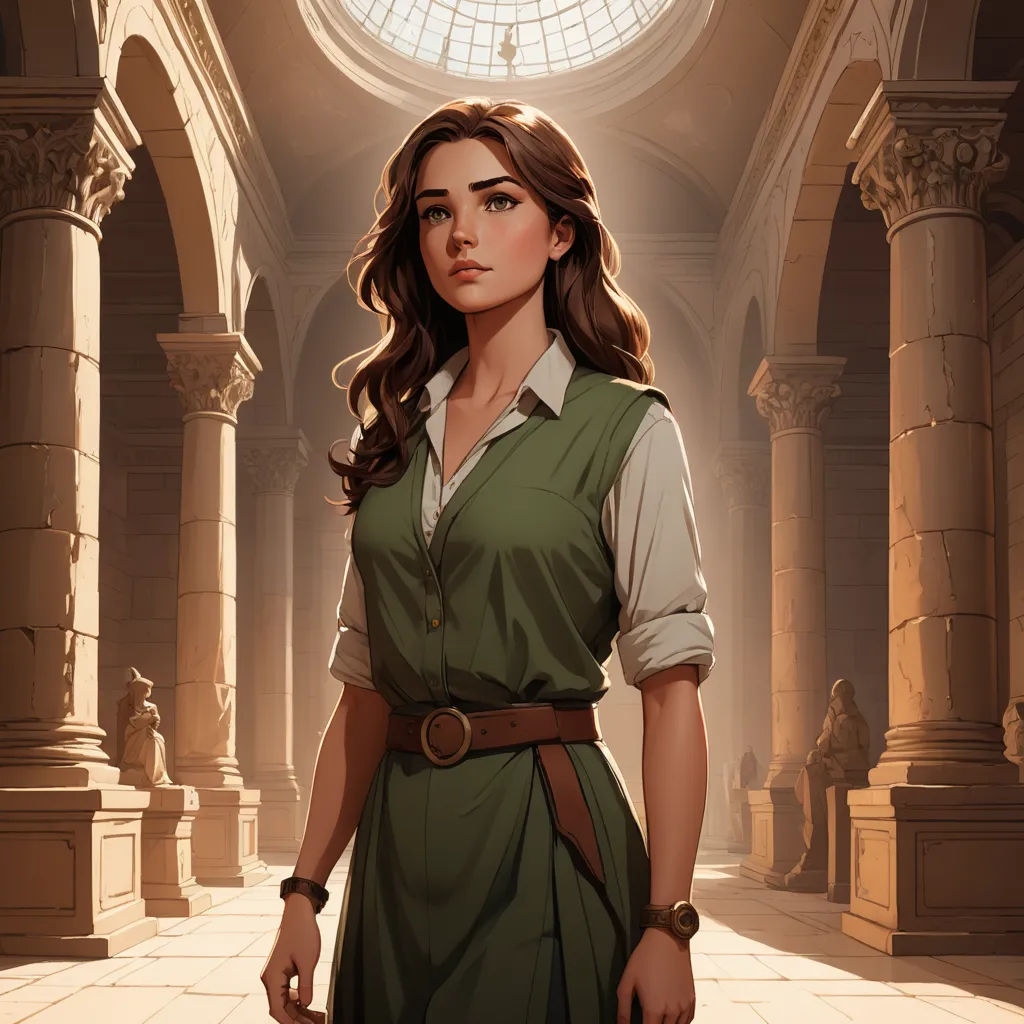 a woman in a green dress standing in a building with a clock on the wall behind her and a clock on the ceiling, fantasy art, a character portrait, Charlie Bowater, mars ravelo and greg rutkowski