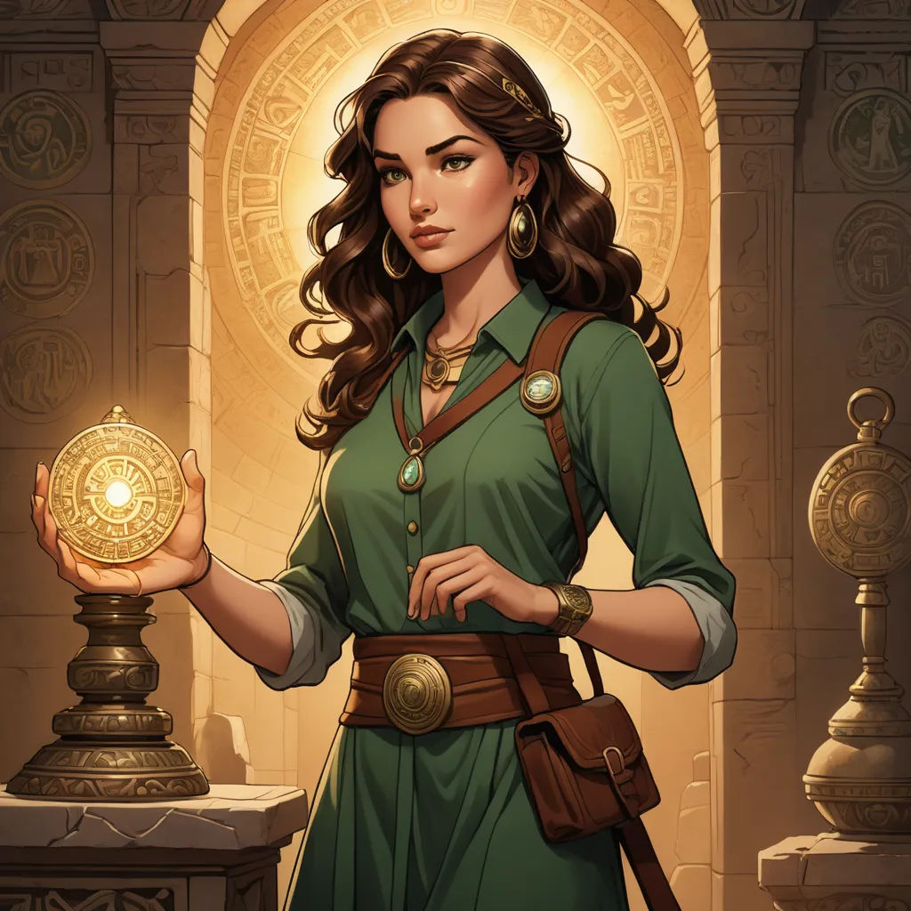 a woman holding a golden coin in her hand and a golden medallion in her other hand, in front of a doorway, fantasy art, a character portrait, Charlie Bowater, epic fantasy character art