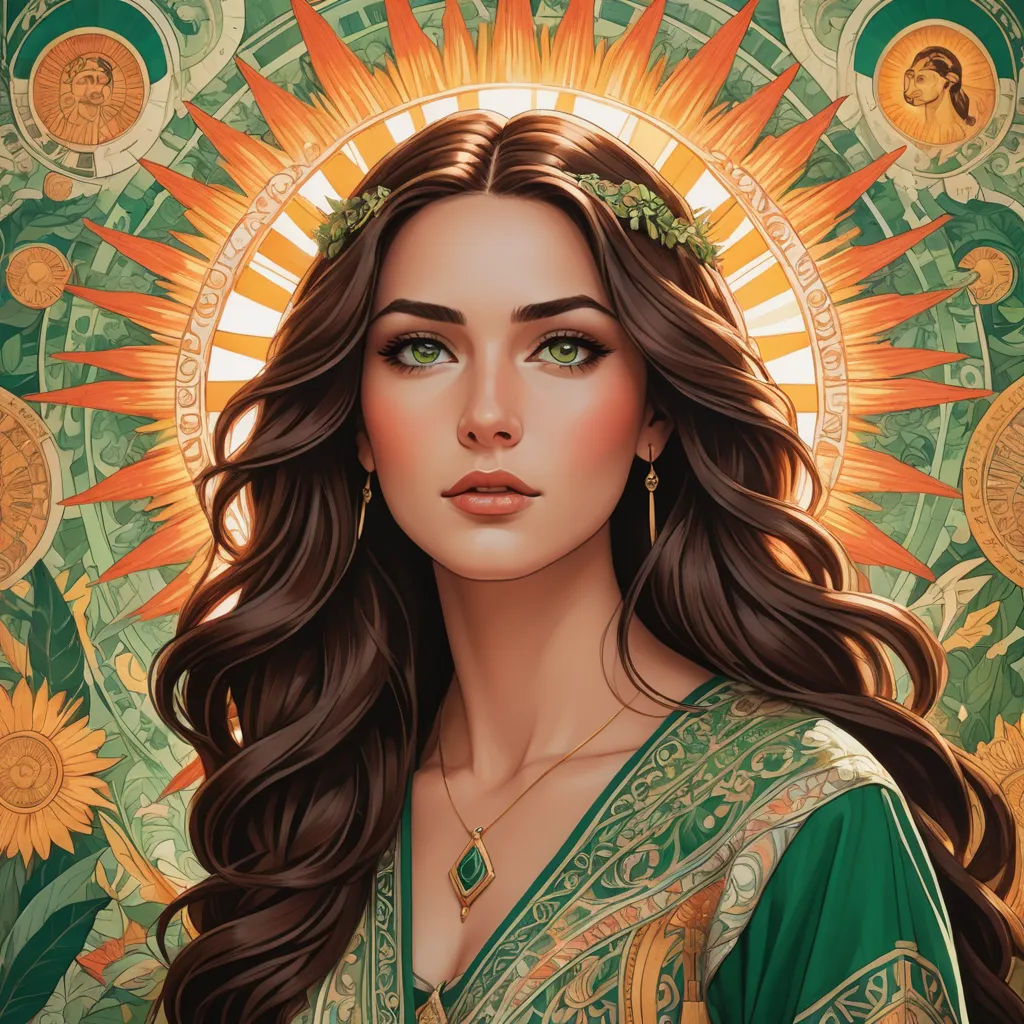 a painting of a woman with long hair and green eyes wearing a green dress and a sun halo around her head, art nouveau, a detailed painting, Charlie Bowater, highly detailed digital painting