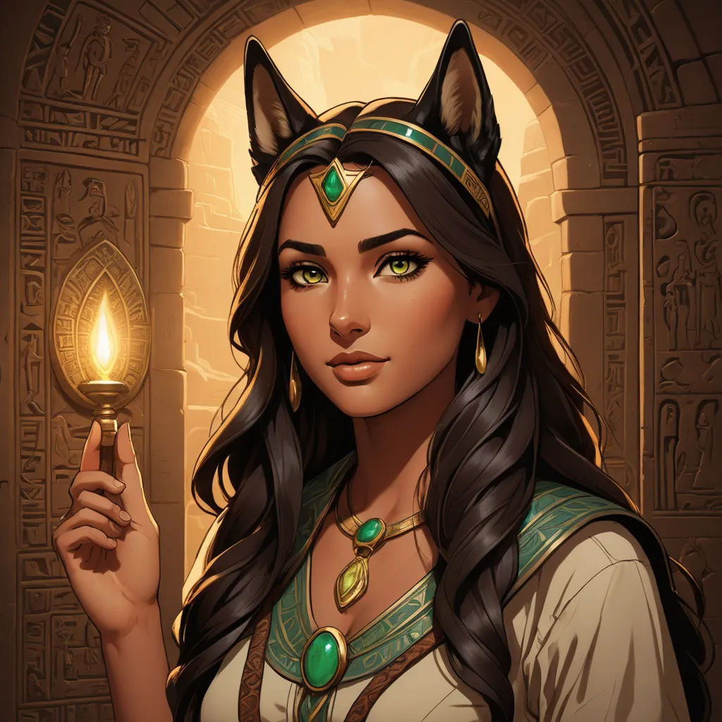 a woman in a costume holding a candle in her hand and a cat's head on her shoulder, furry art, egyptian art, Art of Brom, fantasy character portrait