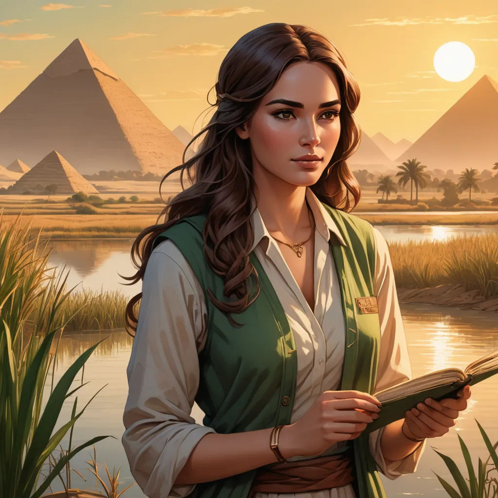 a woman holding a book in front of a pyramids and a lake with water in it and a sunset, fantasy art, egyptian art, Clint Cearley, magic the gathering artwork