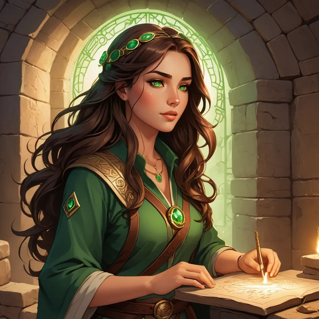 a woman in a green dress writing on a piece of paper with a candle in front of her and a stone archway behind her, fantasy art, a character portrait, Charlie Bowater, epic fantasy character art