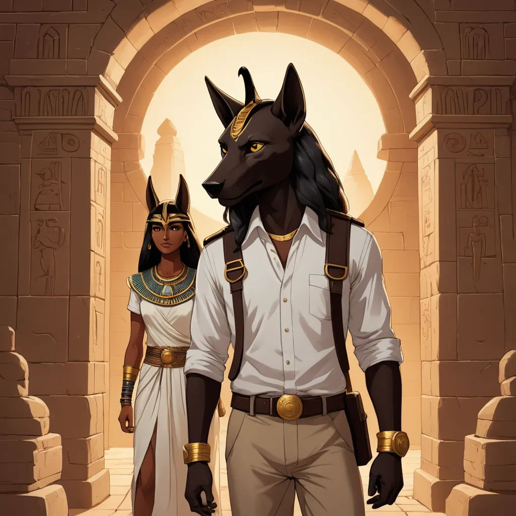 a man and a woman in egyptian costumes standing in front of an archway with an egyptian mask on their head, furry art, egyptian art, Cedric Seaut (Keos Masons), official art