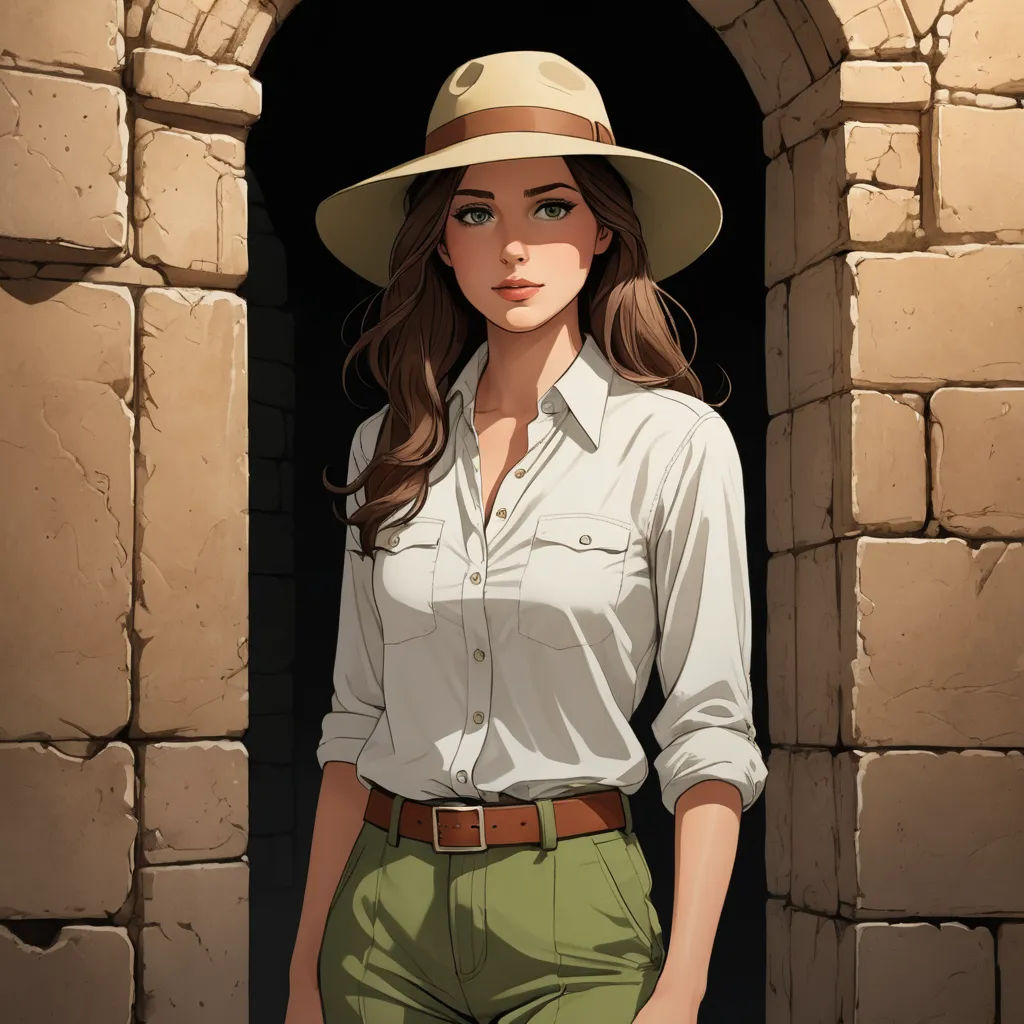 a woman in a hat standing in a doorway of a building with a brick wall and doorway to another building, serial art, a character portrait, Elisabeth Collins, character portrait