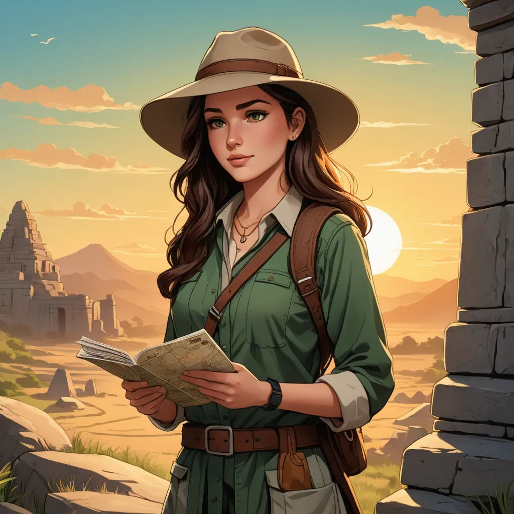 a woman in a hat is holding a map and looking at the camera while standing in front of a stone wall, fantasy art, a character portrait, Colin Middleton, rossdraws global illumination