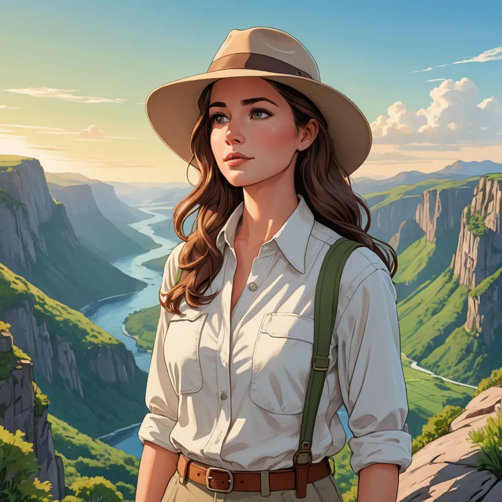 a woman in a hat and a shirt is standing in front of a mountain valley and looking at the camera, fantasy art, a character portrait, Christophe Vacher, rossdraws global illumination