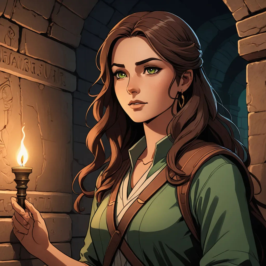 a woman holding a candle in her hand in a dark room with a stone wall and a doorway behind her, fantasy art, a character portrait, Charlie Bowater, octopath traveler