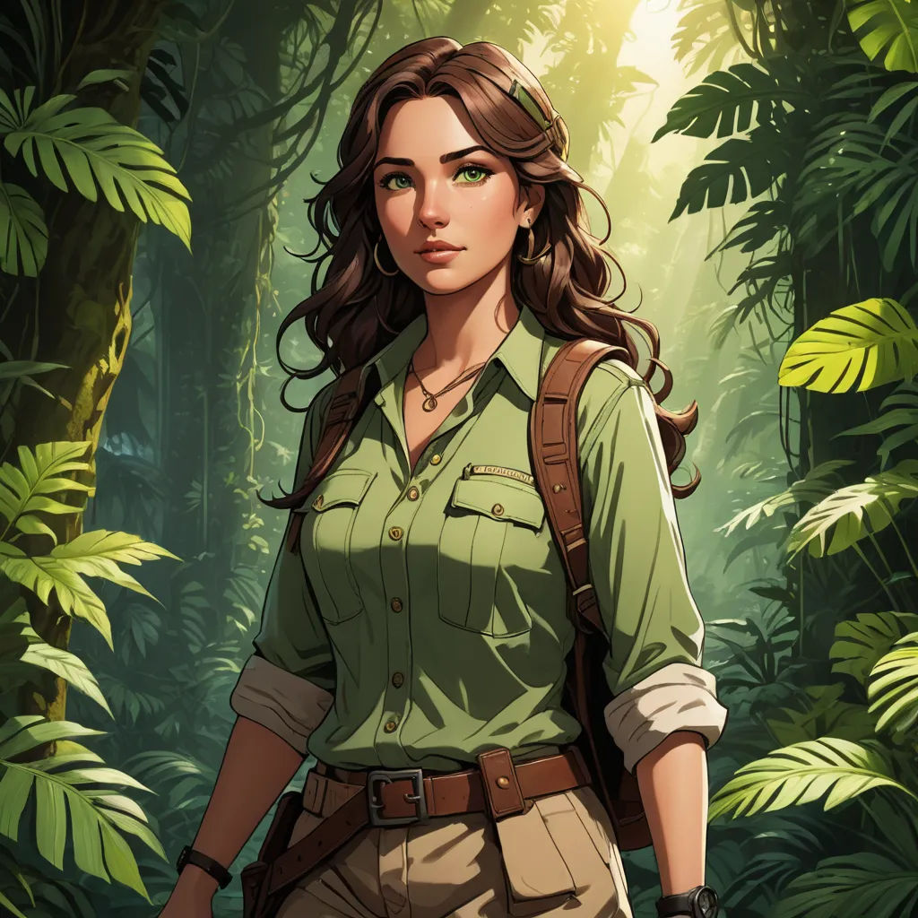 a woman in a green shirt and brown pants in a jungle with a backpack on her shoulder and a jungle background, sots art, a character portrait, Charlie Bowater, character art