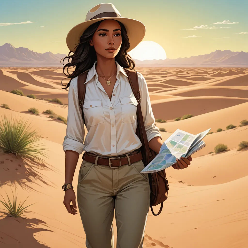 a woman in a hat and a backpack is walking through the desert with a map in her hand and a backpack on her shoulder, serial art, a character portrait, Chris LaBrooy, mars ravelo and greg rutkowski