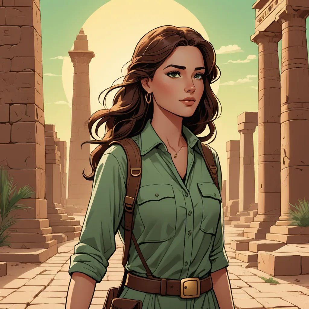 a woman in a green shirt and brown belted pants standing in front of a stone building with columns, serial art, a character portrait, Charlie Bowater, comic cover art