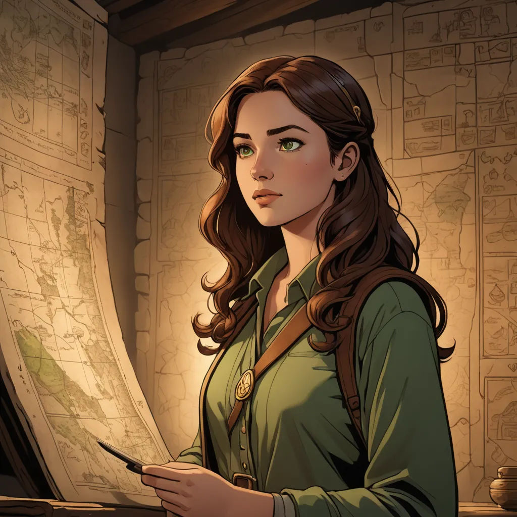 a woman holding a pen and looking at a map in a room with a map on the wall and a map on the wall, fantasy art, a comic book panel, Cedric Peyravernay, rossdraws global illumination