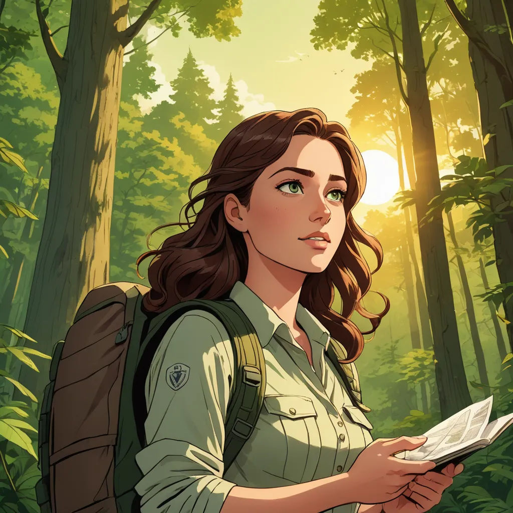 a woman in a green shirt is holding a book in a forest with trees and sunlight behind her and a backpack on her shoulder, naturalism, a character portrait, Cedric Seaut (Keos Masons), rossdraws global illumination