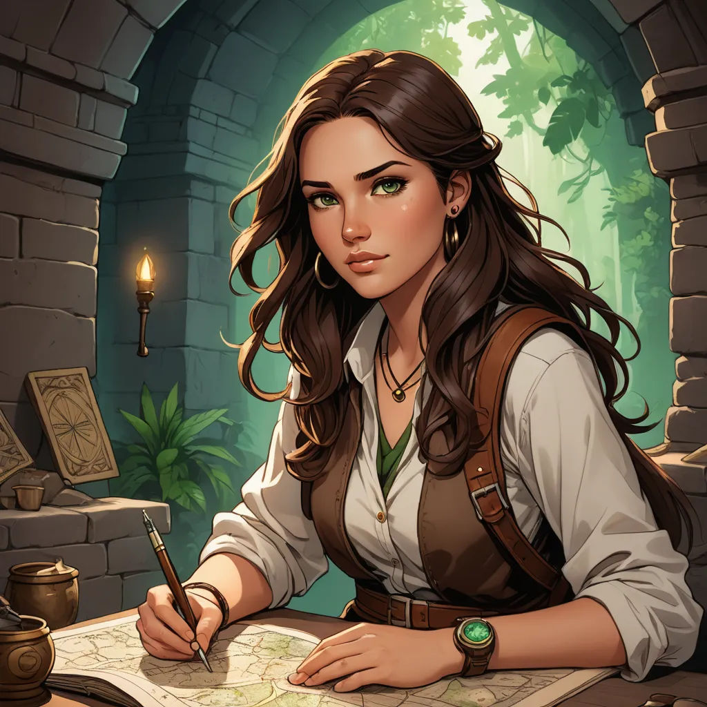 a woman sitting at a table writing on a map with a candle in the background and a lamp on the wall, fantasy art, a character portrait, Charlie Bowater, fantasy character portrait
