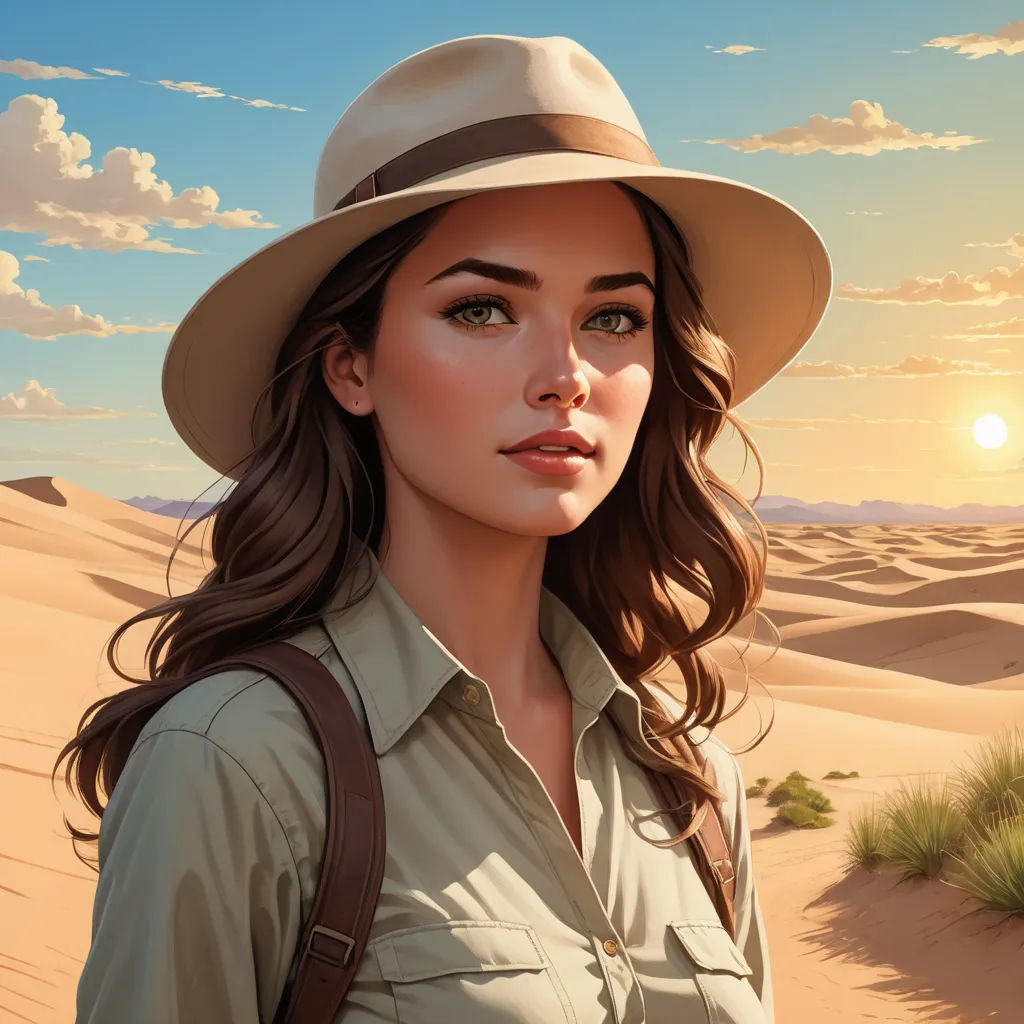a woman in a hat and shirt standing in the desert with a desert landscape in the background and a sun setting, fantasy art, a digital painting, Dan Mumford, rossdraws global illumination