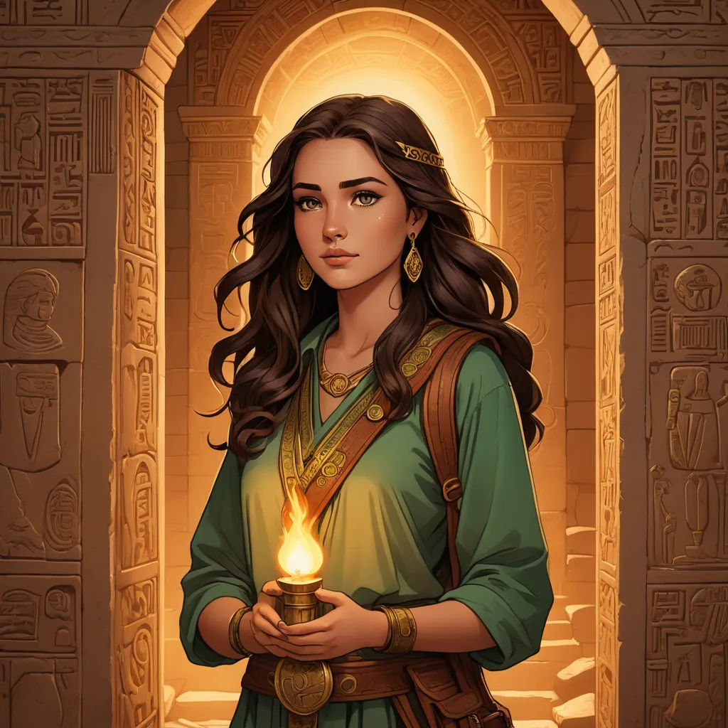 a woman holding a lit candle in her hands in front of a doorway with a doorway in the background, fantasy art, egyptian art, Charlie Bowater, epic fantasy character art