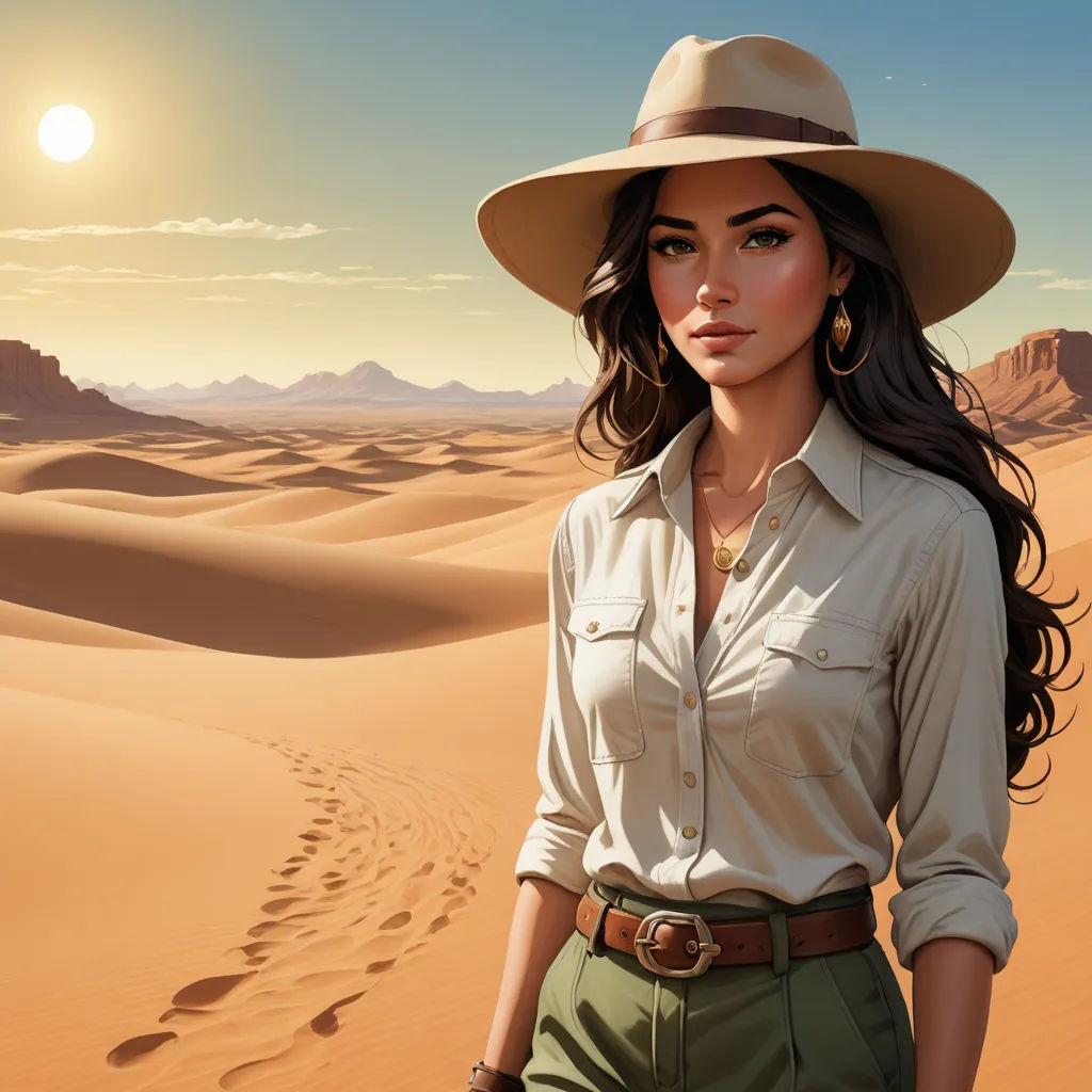 a woman in a hat standing in the desert with a desert landscape in the background and a trail in the sand, serial art, computer graphics, Edwin Georgi, desert