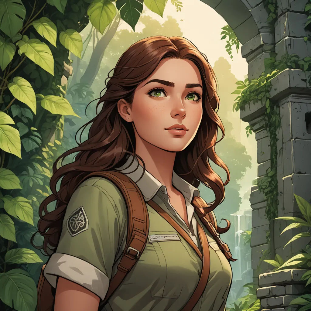 a woman in a green shirt and a backpack in a jungle with a stone archway and a stone wall, fantasy art, a character portrait, Cedric Seaut (Keos Masons), rossdraws global illumination
